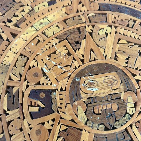 Vintage Aztec Calendar Hand Carved Inlay Wood Art Mexican Mexico Decor Holiday - Picture 2 of 11